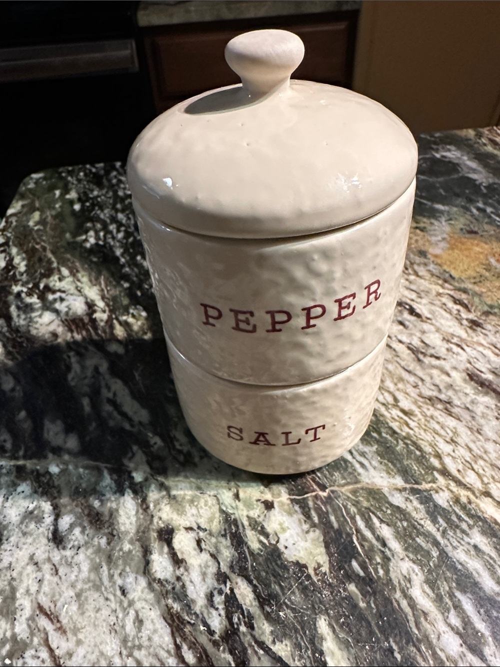 Stackable Ceramic Salt & Pepper Canister Set - Cream with Red Lettering